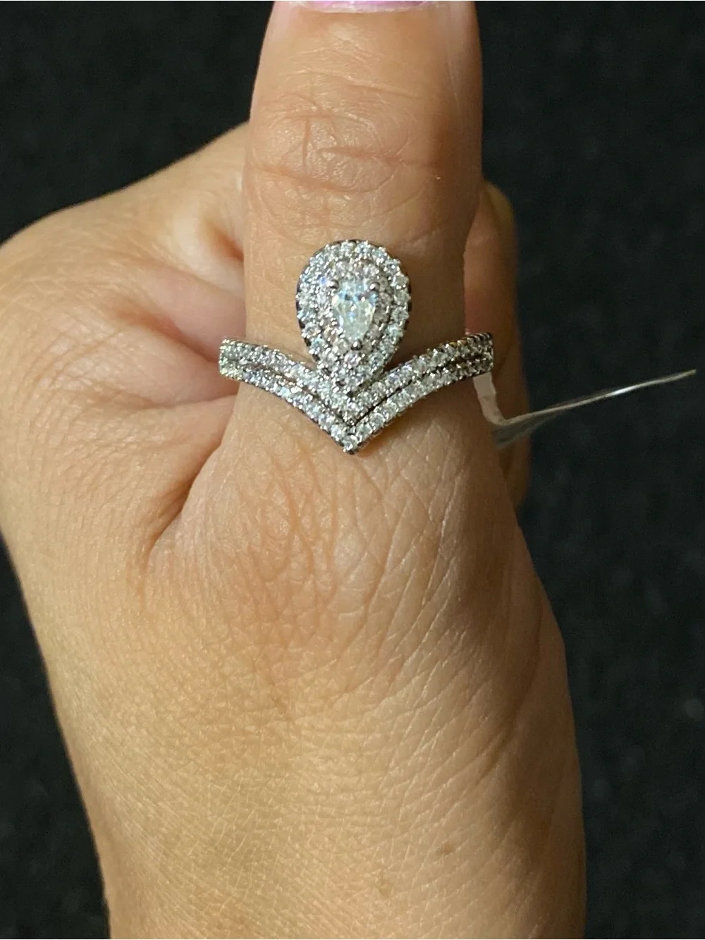 Sterling Silver Pear Halo & V-Shank CZ Bridal Ring Set in White
